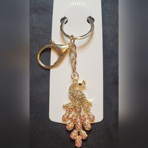 Mint Gold and Pink Rhinestone Peacock Keychain/Bag Charm NWT